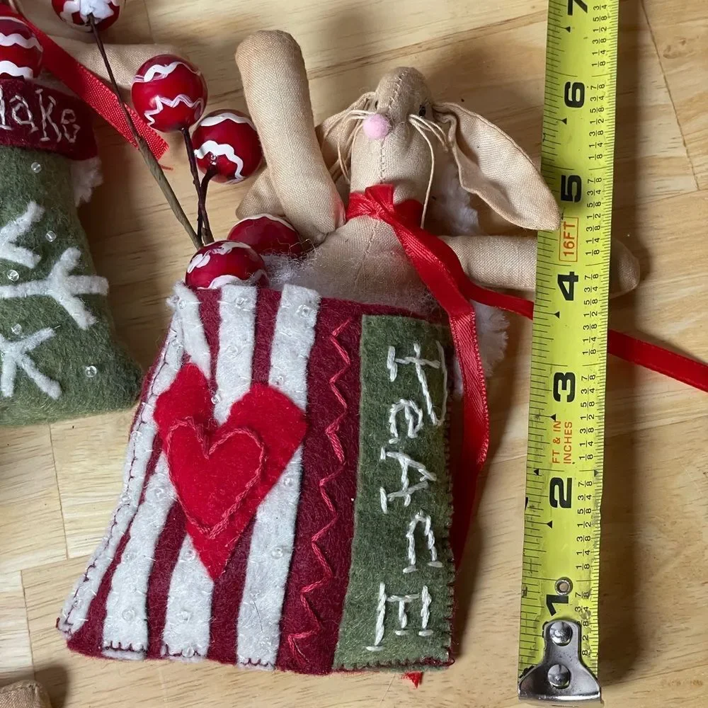 Festive Holiday Ornament Set - Red, Green, White Felt Bags w/Bunnies & Cotton
